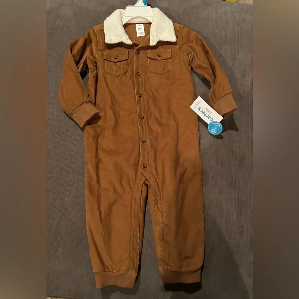 Carters Baby Boys Corduroy Jumpsuit Onsie Fleece lined Sherpa collar